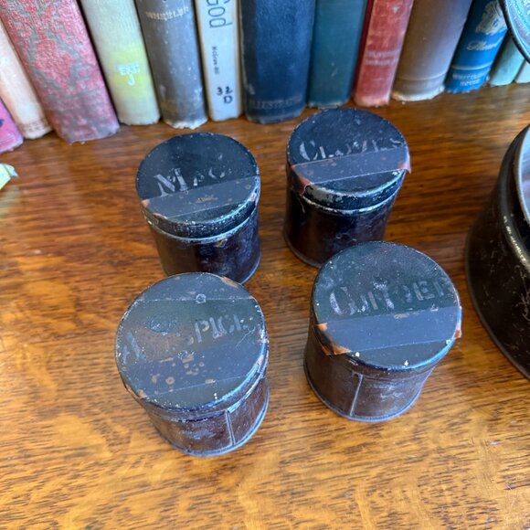 Primitive Antique 1800s Round Spice Tin with 4 Canisters - Picture 12 of 17